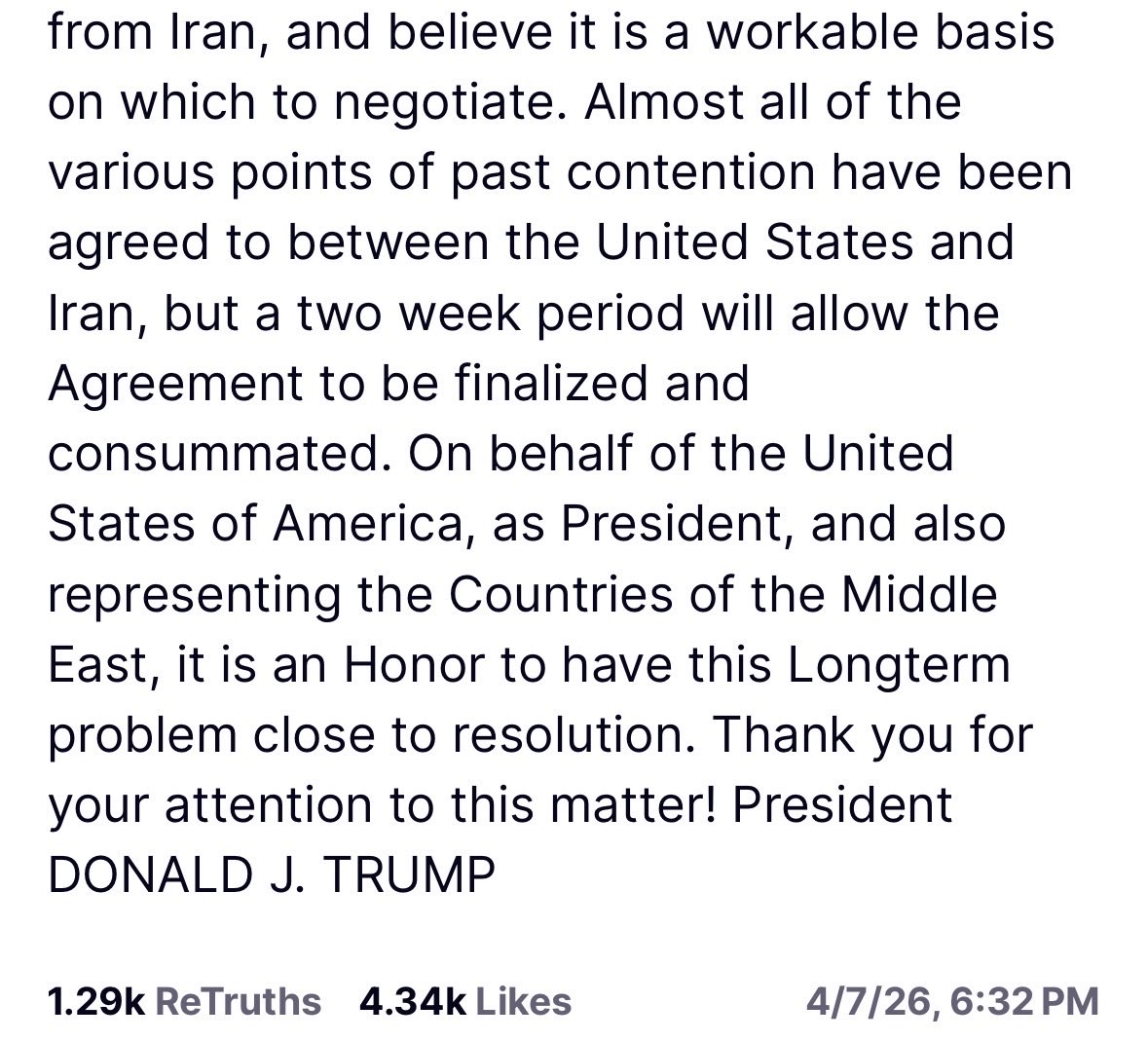 JM_Szuba's tweet photo. NEWS: Trump says he has agreed to a hold off on expanded strikes in Iran for two weeks on the condition it reopen the Strait of Hormuz immediately, after a conversation with Pakistan’s PM

“We received a 10 point proposal from Iran, and believe it is a workable basis on which to negotiate.”
