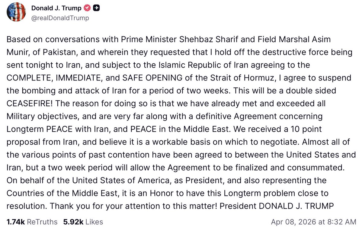 WarintheFuture's tweet photo. "I agree to suspend the bombing and attack of Iran for a period of two weeks. This will be a double sided CEASEFIRE!" - Good news. https://t.co/XVDg699Plm