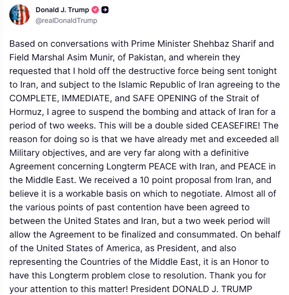 ArberHitaj's tweet photo. 🚨 BREAKING: President Trump announces a 2-week CEASEFIRE with Iran.
​Following talks with Pakistan’s PM Shehbaz Sharif and Field Marshal Asim Munir, the US agrees to suspend military action.
✅ Iran must IMMEDIATELY &amp; SAFELY open the Strait of Hormuz
​#Trump #IranWar‌ https://t.co/c2tBRqaWOg