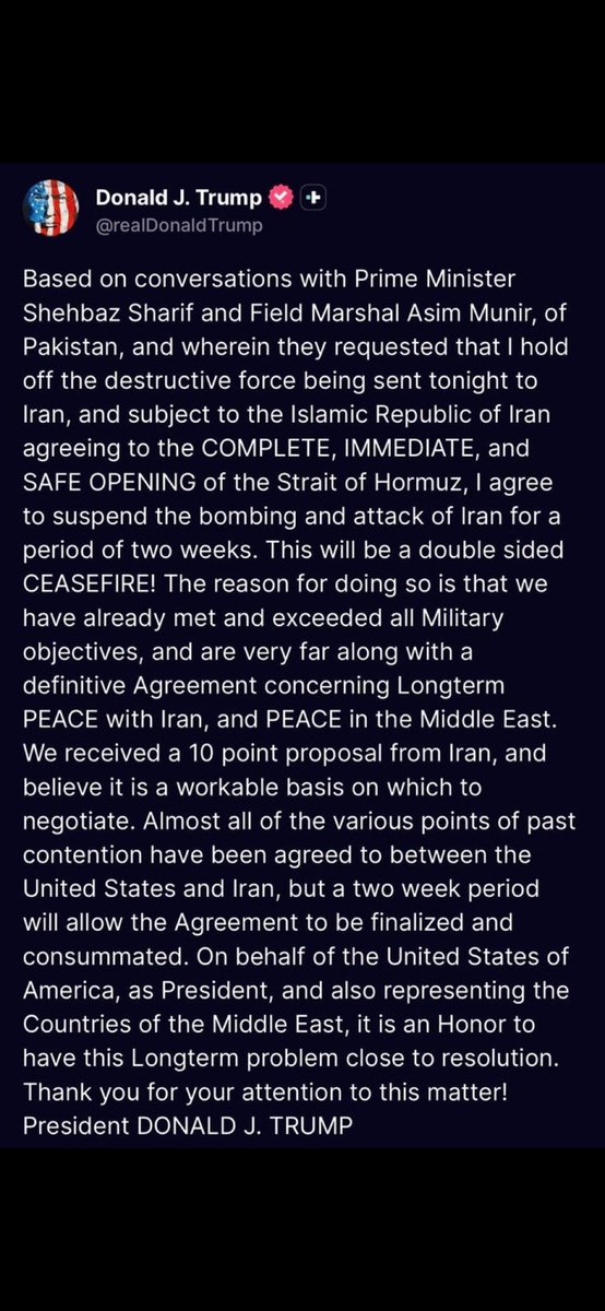 Der US Präsident stimmt einem zweiwöchigen Waffenstillstand mit dem Iran zu.