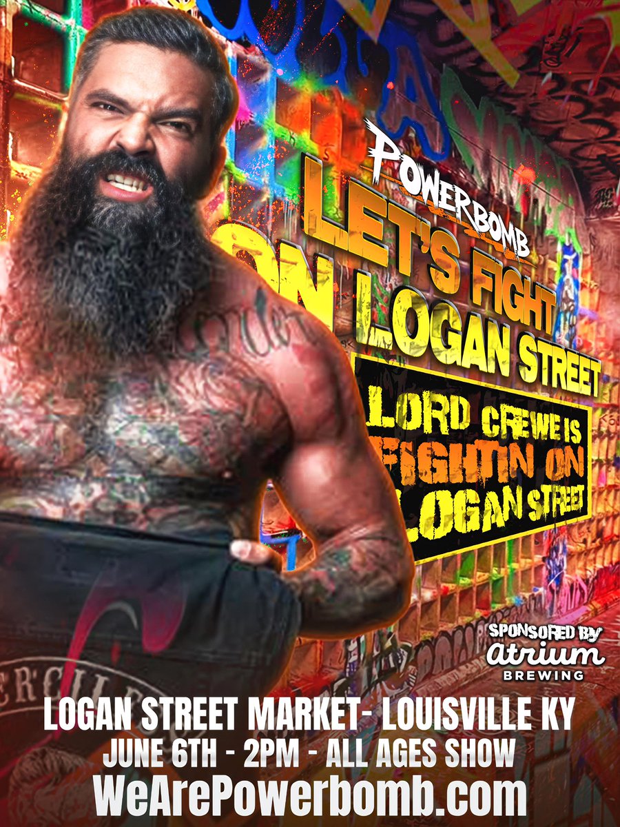 WeArePowerbomb's tweet photo. In the 60’s and 70’s professional wrestlers would fight bears…this is very similar to that for whoever is on the other side of the ring.

LORD CREWE is FIGHTIN’ ON LOGAN STREET and you won’t want to miss the hard-hitting action!

Secure your spot: https://t.co/DVpFTjolSq https://t.co/GUxT3gLPwl