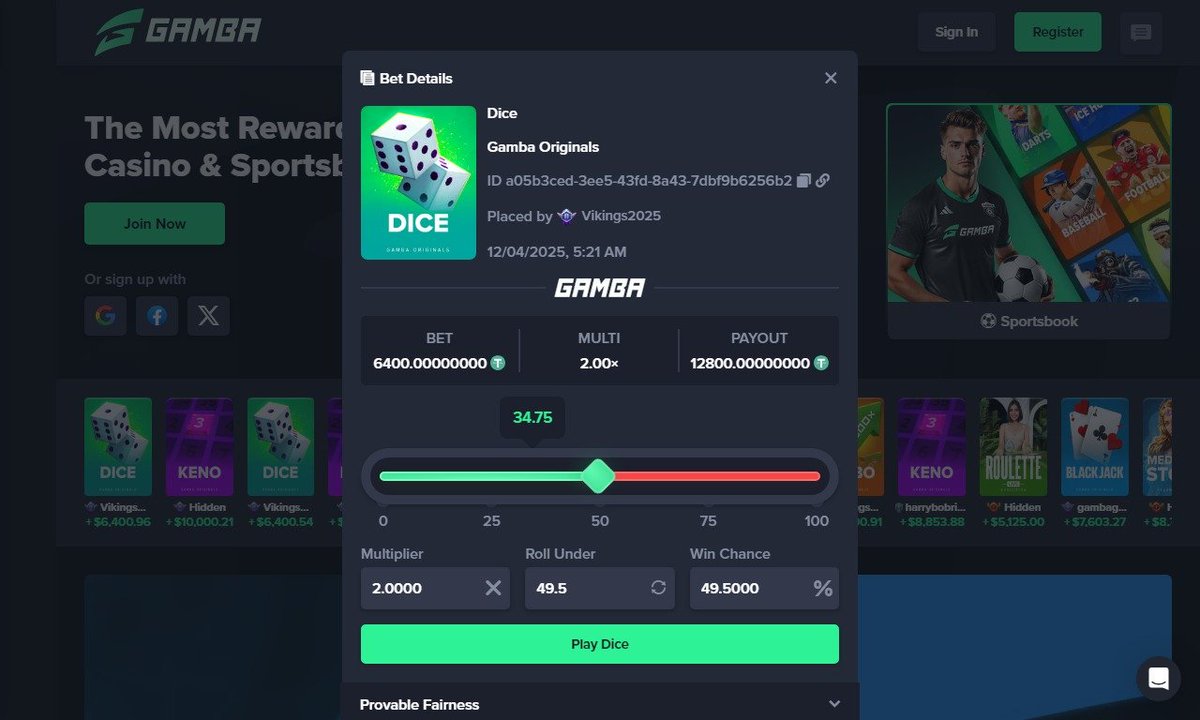 letsgamba's tweet photo. Vikings2025 turned $6,400 into $12,800 on Dice 💰 that's a clean $6.4K win. https://t.co/Uotk7mxwry