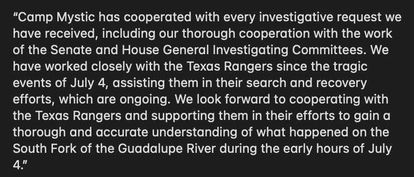 bradj_TX's tweet image. New: Statement from Camp Mystic on this confirmation that the Texas Rangers are assisting DSHS with an investigation into "hundreds of complaints" against the camp following last year's deadly flood. #txlege
