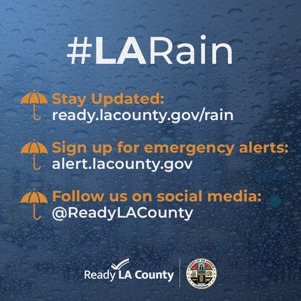 ReadyLACounty's tweet image. ☔ Ready for April showers?

From this coming Friday into Sunday, parts of #LACounty may see wind, rain, thunderstorms, &amp;amp; in the higher elevations, snow. ❄

✔ Check ready.lacounty.gov/rain to make sure you're prepared.

#LARain #ReadyLACounty