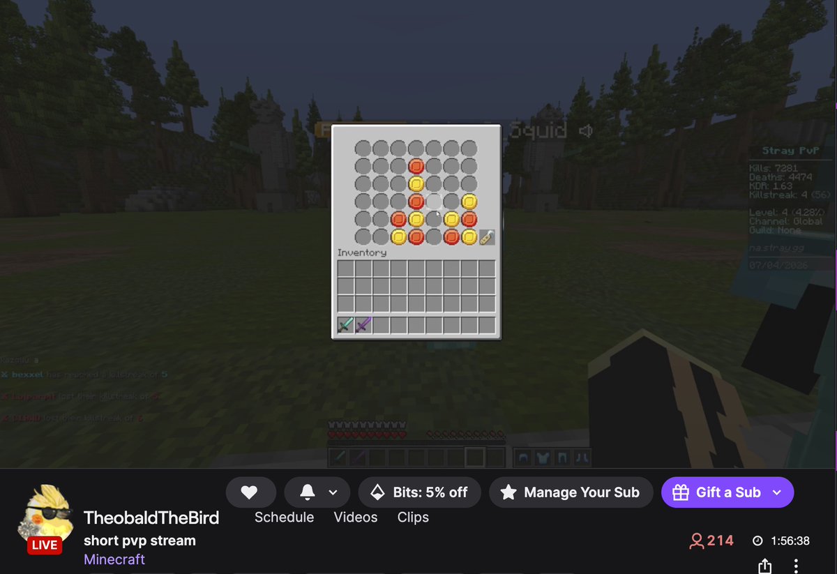 nesieescup's tweet image. intense game of connect 4 happening on theo's pvp stream