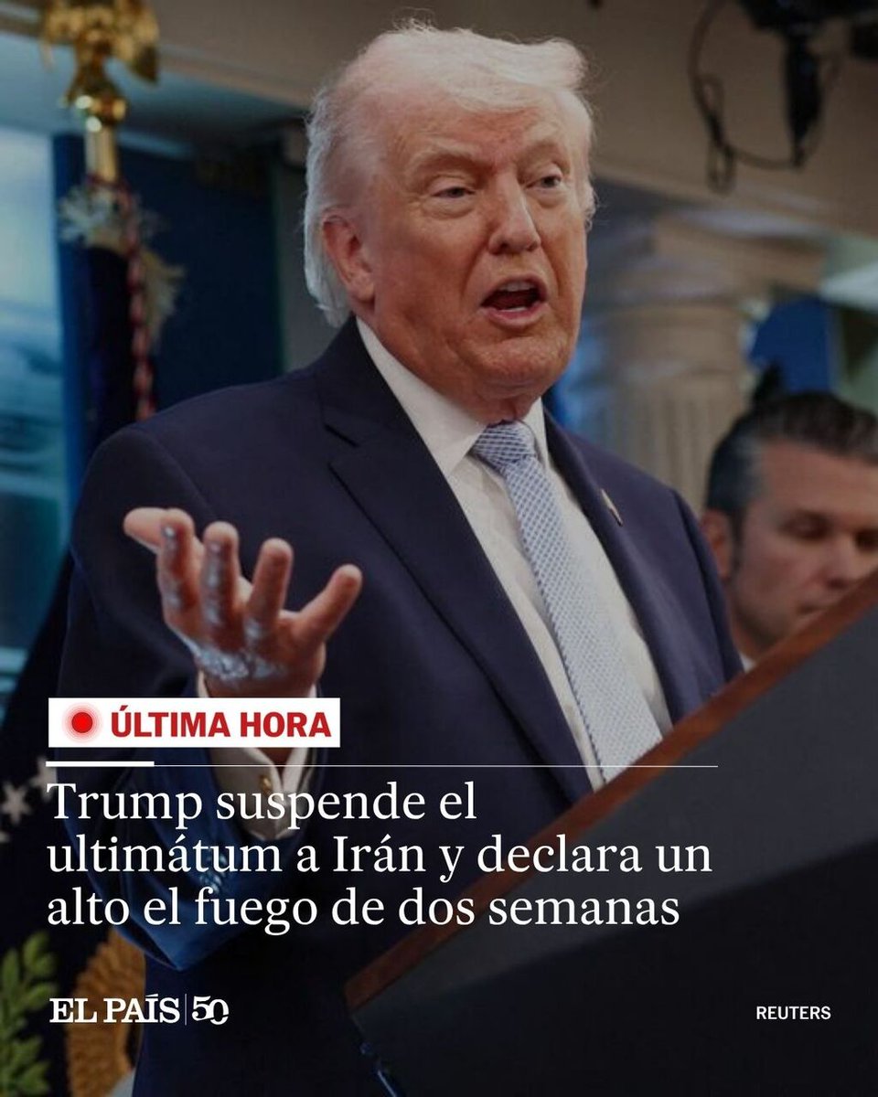 ⭕ ÚLTIMA HORA | Trump suspende el ultimátum a Irán y declara un alto el fuego de dos semanas

El presidente de Estados Unidos, Donald Trump, ha aceptado la propuesta de Pakistán y prorrogará dos semanas más el plazo que había dado para negociar un acuerdo tinyurl.com/56zybr2s