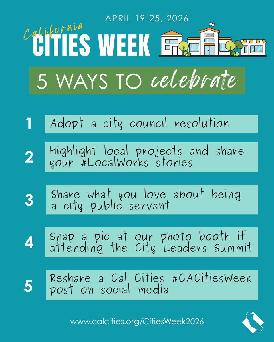 CalCities's tweet photo. California Cities Week is back, April 19–25! 🎉 Join us in celebrating the essential role cities play in our daily lives — and the public servants who keep them running strong. Here are several ways you can participate! Don’t forget to tag us and use the hashtag #CACitiesWeek! ✨ https://t.co/fQy3xlmXzb