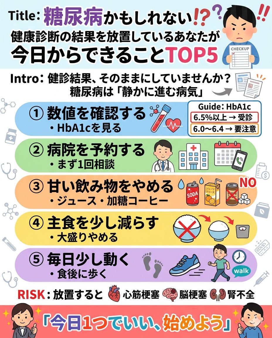 健診結果、
見たけどそのままにしていませんか？

実はそれ👇

👉一番もったいないタイミングです

糖尿病は
「静かに進む病気」

気づいたときには
👉合併症

ということもあります。

でも逆に言えば👇

👉今なら止められる

今日からできること👇

✔ 数値を見る  
✔ 病院に行く  
✔