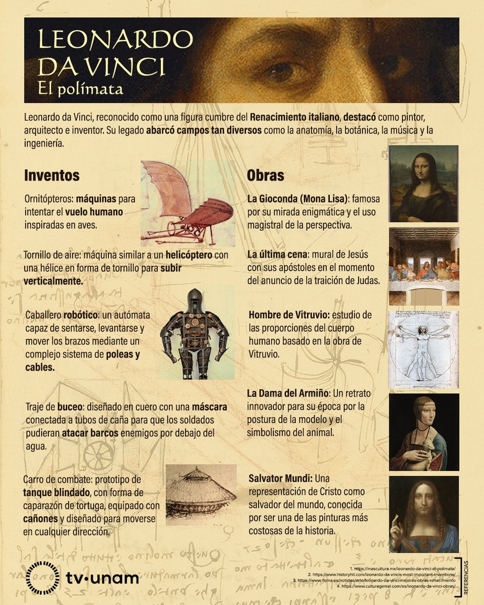 tvunam's tweet image. 🖼️🧑‍🎨🖌️La serie «Leonardo da Vinci🎥», de Ken Burns, ofrece una mirada nueva sobre la vida y el legado del genio renacentista del siglo XV.

#Estreno
📺Viernes 10 de abril, 19:30 h
🔁Sábado 11 de abril, 16:00 h
