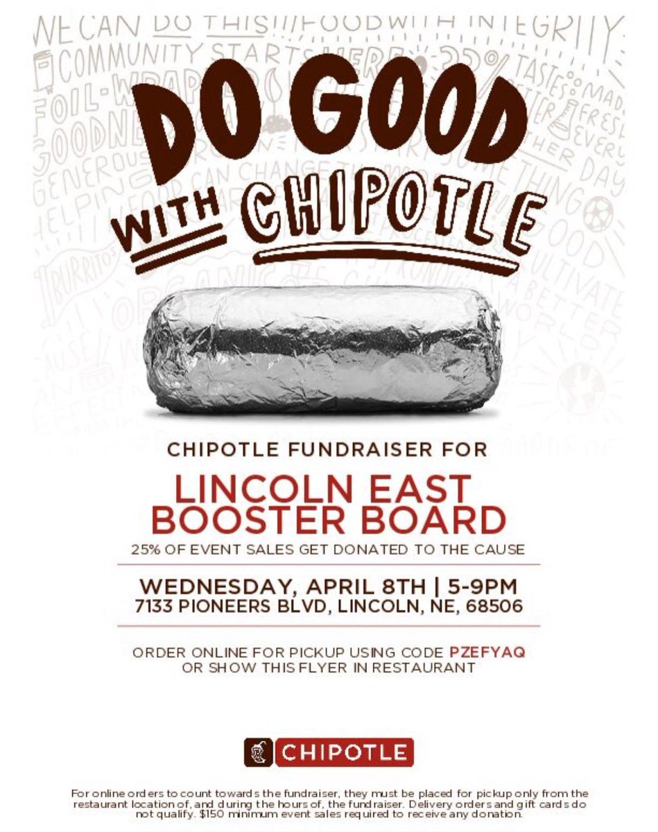 The Lincoln East Booster Club is having a fundraiser on WEDNESDAY, APRIL 8TH, 5-9PM at the
7133 PIONEERS BLVD location. Great opportunity to eat some great food and assist the Lincoln East boosters at the same time.