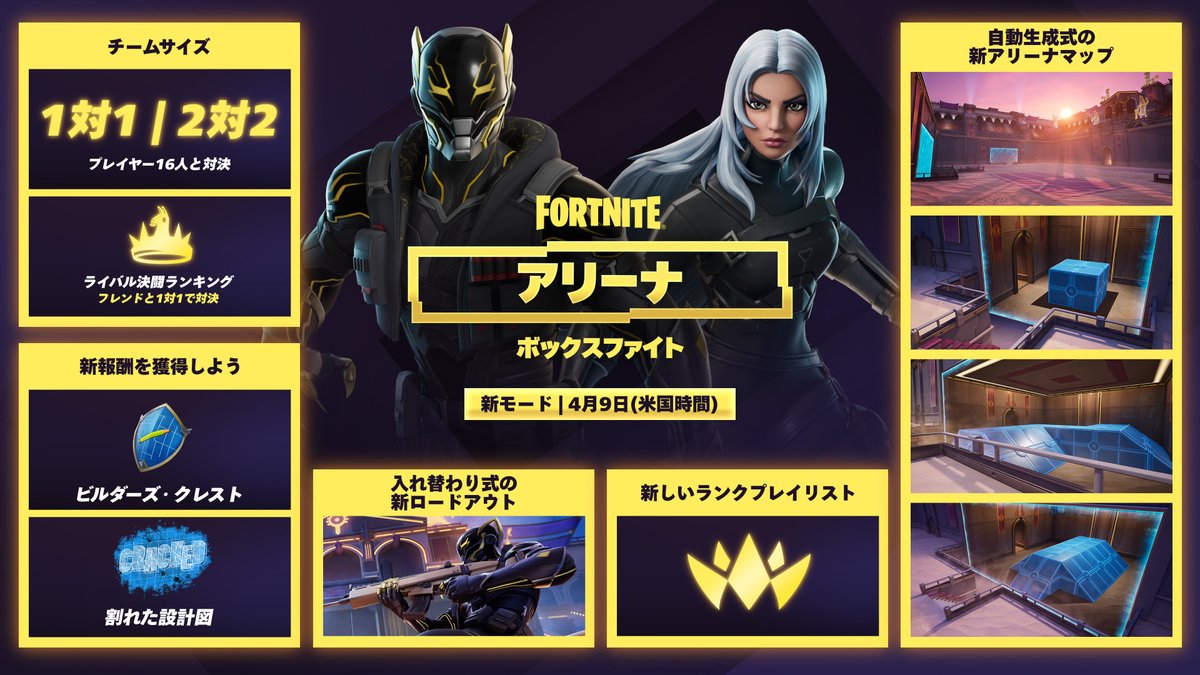 FortniteJP's tweet photo. 16人のプレイヤーが集う中、1対1か2対2でラウンドを戦い抜こう。
先に15先取した者が勝利！

4月9日、アリーナが開幕。準備OK？
https://t.co/MbWrJR4wlE https://t.co/idyAxHKVh3