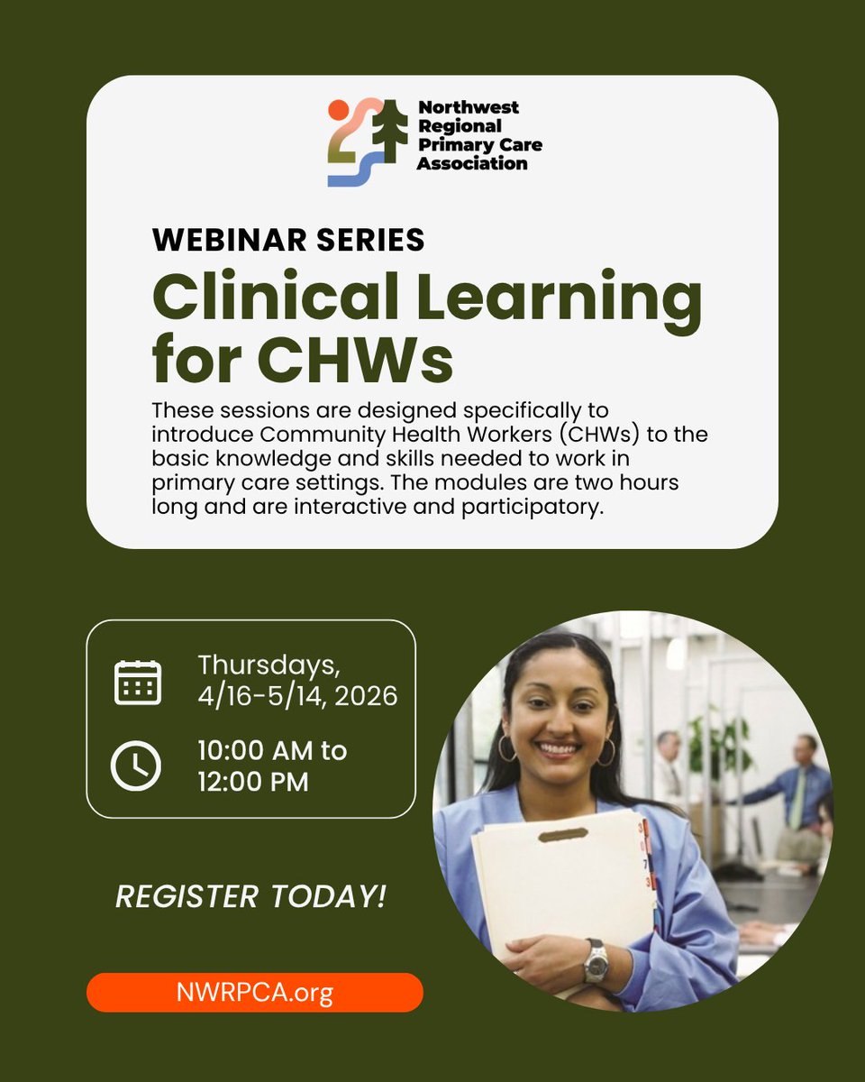 NWRPCA's tweet photo. Our Clinical Learning for CHWs webinar series starts next Thursday! Register today and build the clinical skills to help you thrive as part of a primary care team.

Thursdays, April 16 – May 14, 2026

Learn more &amp; register:
https://t.co/oj60WQtFkc https://t.co/ct2IbWQnW2