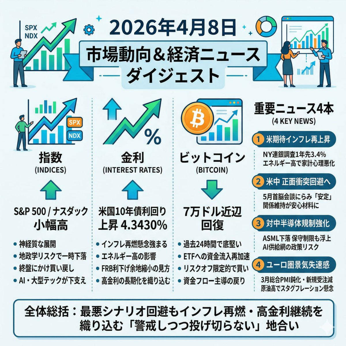 katsumoku__'s tweet photo. 2026年4月8日 過去24時間の市場動向と経済ニュース

米家計の期待インフレが再び上昇し、FRBの早期利下げ観測はさらに後退。市場は高金利長期化を改めて意識しています。

米中は5月の首脳会談をにらみ、関係安定を優先する姿勢です。新たな対立回避は、相場にはひとまず安心材料です。

対中半導体規制の強化案が浮上し、ASML株は下落。AI相場でも政策リスクが改めて重く意識されました。

ユーロ圏では景気減速とコスト上昇が同時進行。欧州でもスタグフレーション懸念が強まりつつあります。

https://t.co/4avSMqWRQn