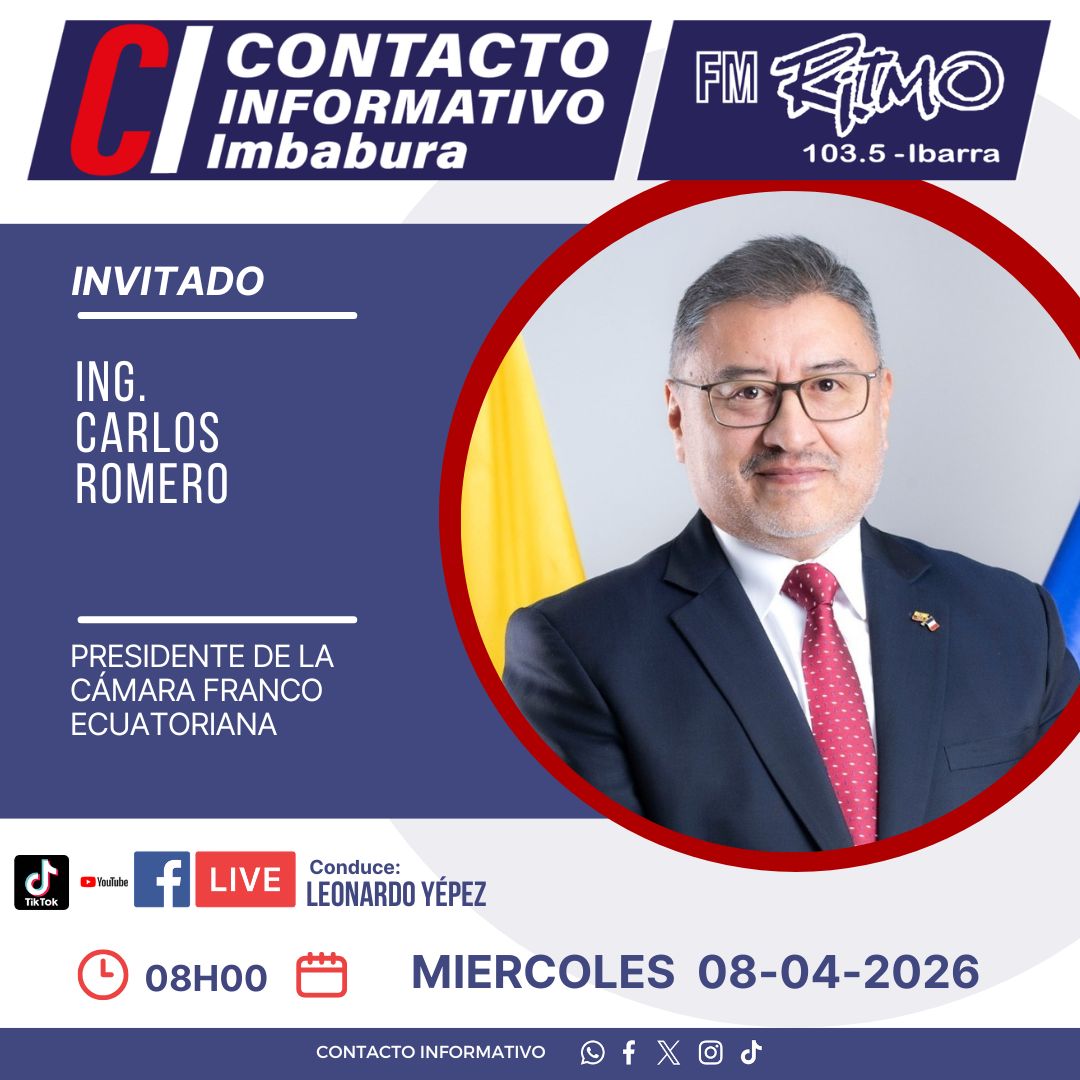 CamFrancoEcuato's tweet photo. 🎙️ Este 08 de abril en Contacto Informativo Imbabura
📡 FM Ritmo 103.5 - Ibarra
👤 Carlos Romero
💼 Cámara Franco Ecuatoriana

📻 Conéctate en vivo
📲 Facebook | TikTok | YouTube https://t.co/UnjJfwn0cY