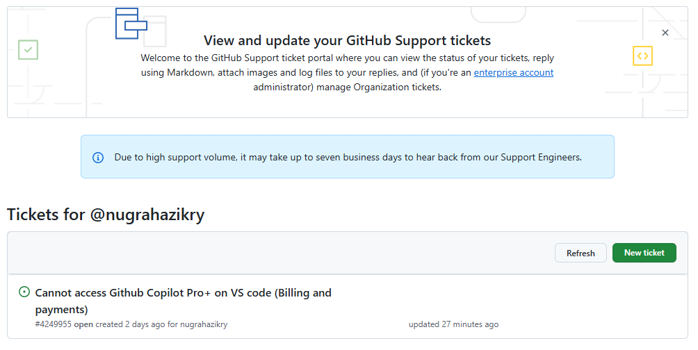 zikriAJ's tweet photo. @github I am an AI Engineer paying $39/mo for Copilot Pro+ with a successful payment on March 20, 2026. My account was flagged on April 6th, 2026, for no reason. I am completely blocked from my work. Ticket #4249955. Please investigate this false positive. https://t.co/SFqmdEfYwT