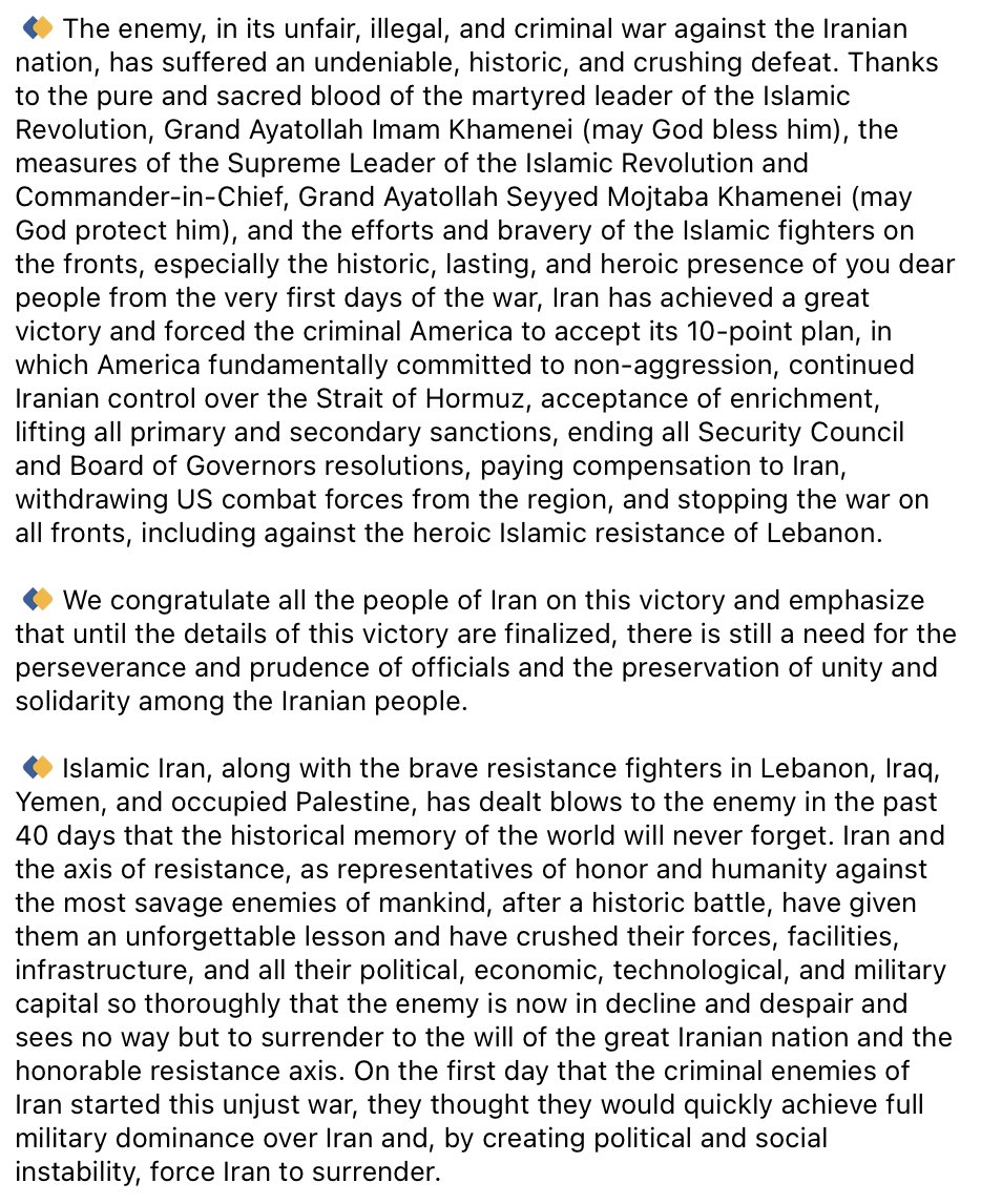 no_itsmyturn's tweet photo. Iran's 🇮🇷 Supreme National Security Council published a statement declaring victory over the US 🇺🇸

The statement claims the US fundamentally agreed to: 
-A ceasefire
-Continued Iranian control over the Strait of Hormuz
-Iran continuing to enrich uranium 
-Lifting all primary and secondary sanctions
-Ending all Security Council resolutions
-Paying compensation to Iran
-Withdrawing US combat forces from the region
-Stopping the war on all fronts, including against Hezbollah in Lebanon