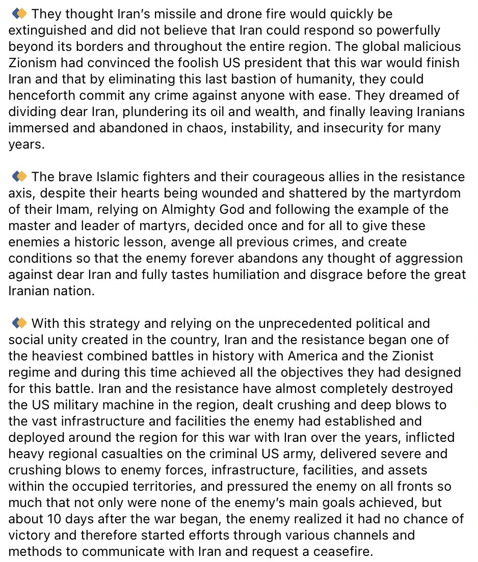 no_itsmyturn's tweet photo. Iran's 🇮🇷 Supreme National Security Council published a statement declaring victory over the US 🇺🇸

The statement claims the US fundamentally agreed to: 
-A ceasefire
-Continued Iranian control over the Strait of Hormuz
-Iran continuing to enrich uranium 
-Lifting all primary and secondary sanctions
-Ending all Security Council resolutions
-Paying compensation to Iran
-Withdrawing US combat forces from the region
-Stopping the war on all fronts, including against Hezbollah in Lebanon