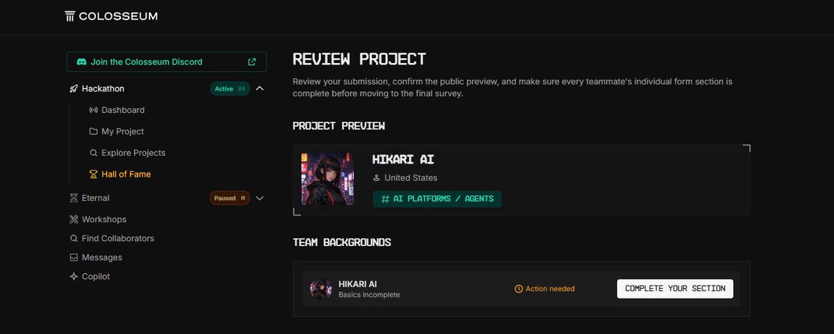 🚨Official  Announcement🚨

$HIKARI AI is officially submitted to the <a href="/colosseum/">Colosseum</a> Hackathon.

We're building the future of AI-powered crypto intelligence.

Not just tools.
Not just data.

Real alpha. Real utility.

Still early. Still building. ⚡
