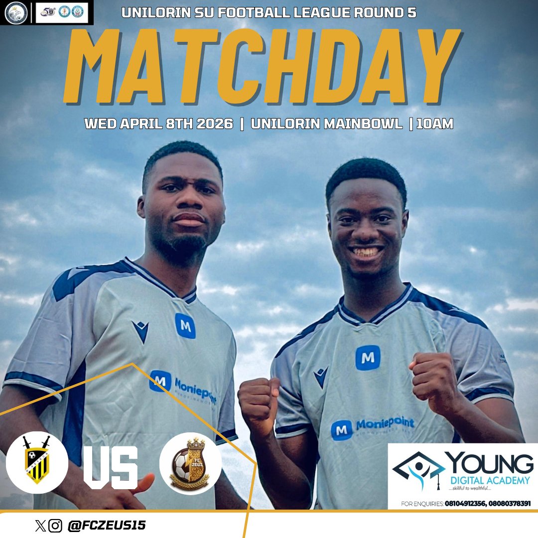 fczeus15's tweet photo. UNILORIN SU FOOTBALL LEAGUE 8.0
ROUND 5
!!!MATCHDAY!!!
π D'AZTECS FC
π TODAY 8TH, APRIL 2026
β± 10:00 WAT (10:00AM)
π UNIVERSITY OF ILORIN STADIUM π
#FCZEUS | #UIL8.0 | #CmonZeus | #COYB https://t.co/CILGCsPOpe