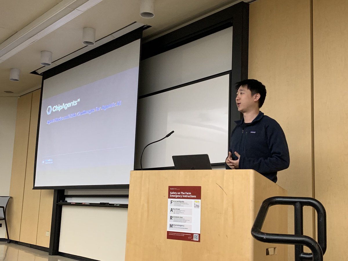 WilliamWangNLP's tweet photo. Exciting to see how fast agentic AI chip design is making its way into academia.

This semester, ChipAgents’ multi-agent root cause analysis system has been incorporated into coursework at Harvard University  bringing real-world AI-driven chip design insights directly into the classroom.

Today, our team also had the opportunity to give a guest lecture on superhuman chip design at Stanford University EE sharing an industry perspective on multi-agent AI for chip design and verification. 

One analogy that resonated: the relationship between foundation models and agentic AI is like an F1 team. McLaren can beat Mercedes in 2024 and 2025 while still using Mercedes engines. The LLM is the engine, but building a winning F1 car is far more complex. And even then, teaching someone to drive that car at the highest level is another challenge entirely.

That’s where agentic systems come in.

The intersection of academia and industry is where real breakthroughs happen, and it’s energizing to engage with the next generation of engineers on these topics.

Thanks Stanford!