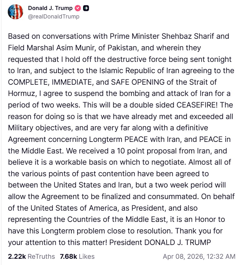 StanysBujakera's tweet image. #USA #IRAN: Donald Trump a annoncé une suspension de deux semaines des frappes prévues contre l’Iran, à la demande du Pakistan, conditionnée à l’acceptation par Téhéran d’une réouverture « complète, immédiate et sécurisée » du détroit d’Ormuz. Le président américain a évoqué un
