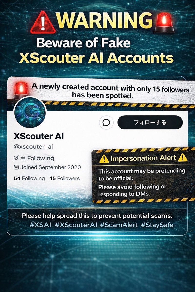 pochi16984841's tweet photo. ⚠️注意⚠️
@xscouterai のなりす��し発生!
偽) @xscouter_ai は
フォロワー15の新規アカウント
詐欺の可能性あり!
フォロー・DMに注意してください
🚨資産を守るため通報しましょう🚨
アカウント凍結させるには皆さんのチカラが必要です💪
$XSAI #XScouterAI https://t.co/yWi1naqr1b