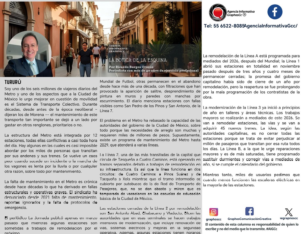 GraphosCc's tweet photo. #GraphosCc #Noticias #BarradeOpinión #Columna #LaBoticadelaEsquina | TURURÚ
Mientras tanto, miles de usuarios pedimos que cuando menos funcionen las escaleras eléctricas en la mayoría de las estaciones. Por @burgos04 By #AgenciaInformativaGraphosCc
https://t.co/JnEgdixm4E https://t.co/aPNOsUjRnx