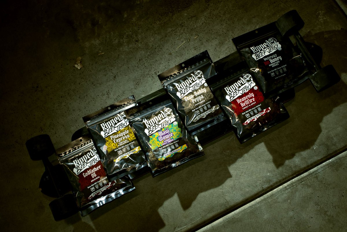 EmptyEffigy's tweet photo. When you've collected all the flavors and it's able to cover a long board, you know you've got the right amount! 
Brand: Ripped Beef Jerky https://t.co/49WsHxRkNb