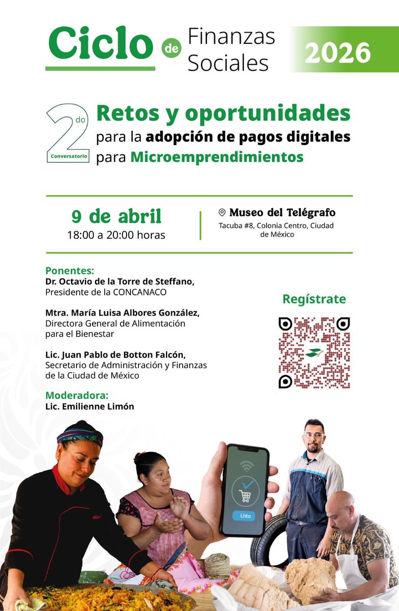 FinabienMex's tweet photo. 💬✨ La transformación digital también impulsa a los pequeños negocios.

Te invitamos al 2° Conversatorio “Retos y oportunidades para la adopción de pagos digitales para Microemprendimientos”, un espacio para reflexionar, compartir experiencias y fortalecer el crecimiento económico a través de la innovación. 📲💼

📍 @museotelegrafo
📅 9 de abril de 2026
🕕 18:00 horas

Regístrate en: https://t.co/eBSih5zdSP
