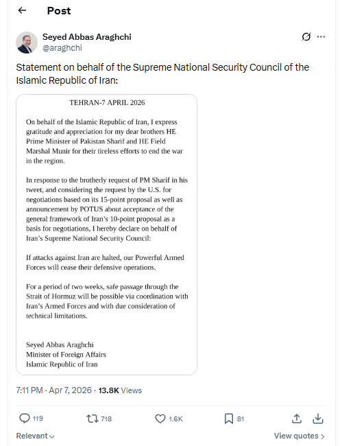 RyanRozbiani's tweet image. JUST IN 🇮🇷🇺🇸: Iran's Foreign minister Confirms 14 Day Ceasefire

Dr. Abbas Araghchi:
Statement on behalf of the Supreme National Security Council of the Islamic Republic of Iran:
TEHRAN-7 APRIL 2026

On behalf of the Islamic Republic of Iran, I express gratitude and appreciation