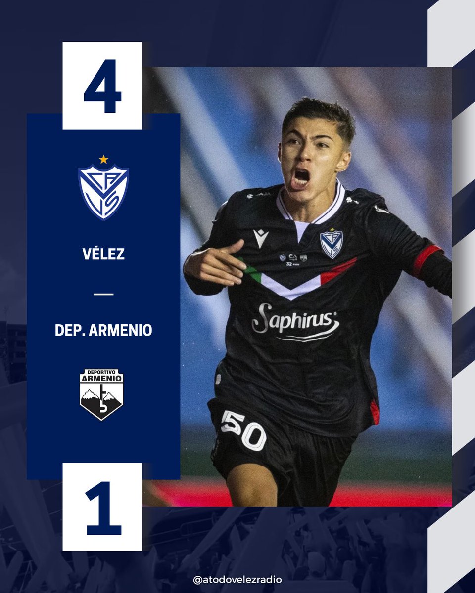 ✅ DALE V!

🔵 #Vélez derrotó 4️⃣-1️⃣ a Deportivo Armenio por los 32 avos de final de la Copa Argentina 2026 🏆

⚽️ A. Quirós (12').
⚽️ T. Andrada (31', 68').
⚽️ D. Godoy (45').