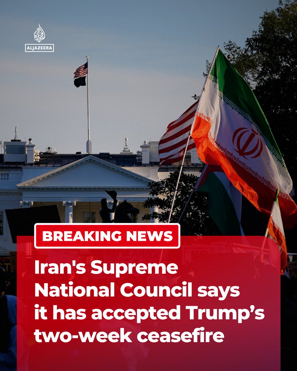 AJENews's tweet image. BREAKING: Iran’s Supreme National Security Council says it has accepted a two-week ceasefire in the war, but that “this does not signify the termination of the war.”