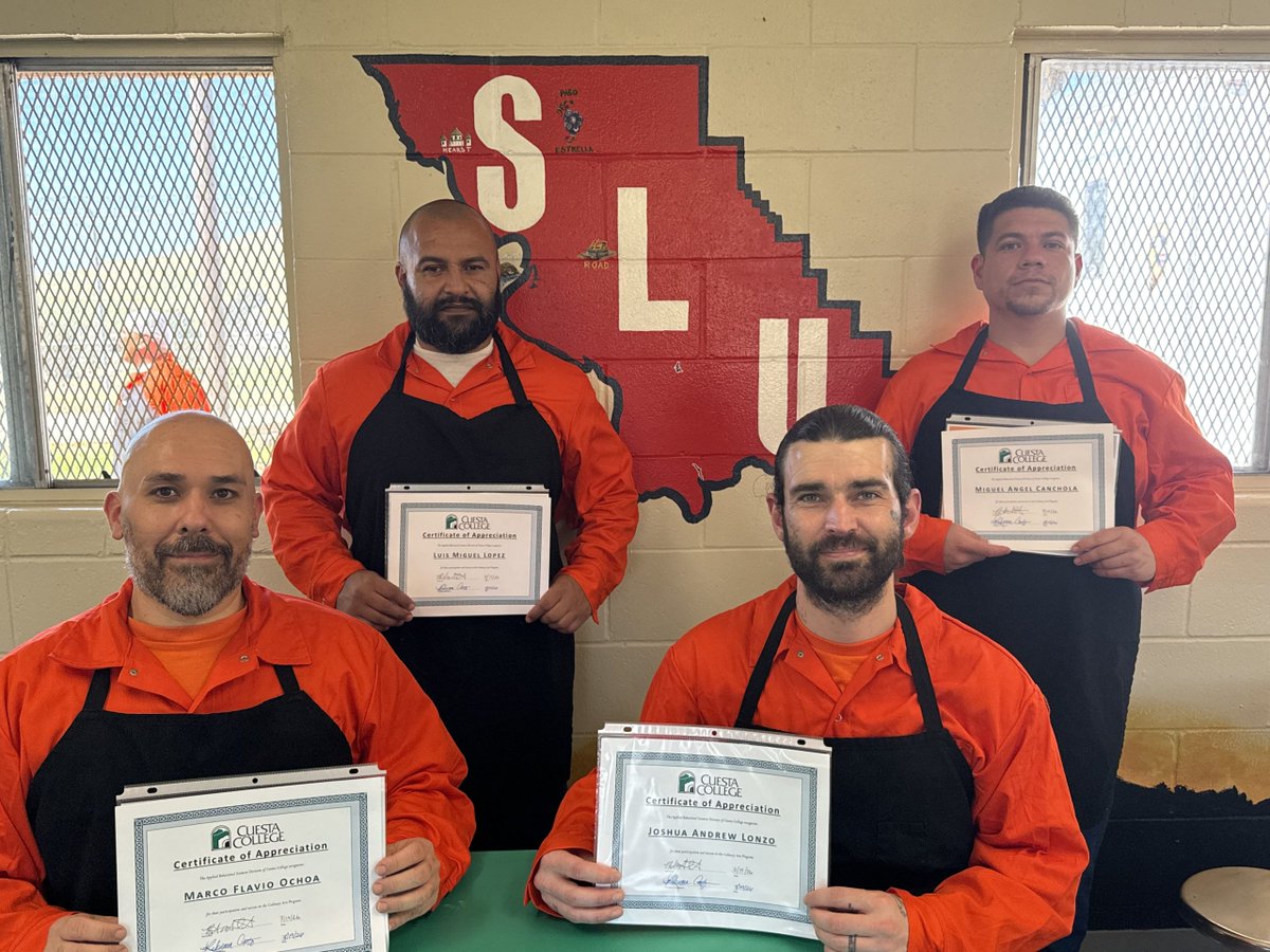 CACorrections's tweet image. The 23rd cohort of the #CulinaryArts Program offered by @Cuesta_College and the California Men’s Colony graduated March 19. Individuals who completed the program spent the course working hands-on in a commercial kitchen, building culinary skills, and earning their ServSafe cert.