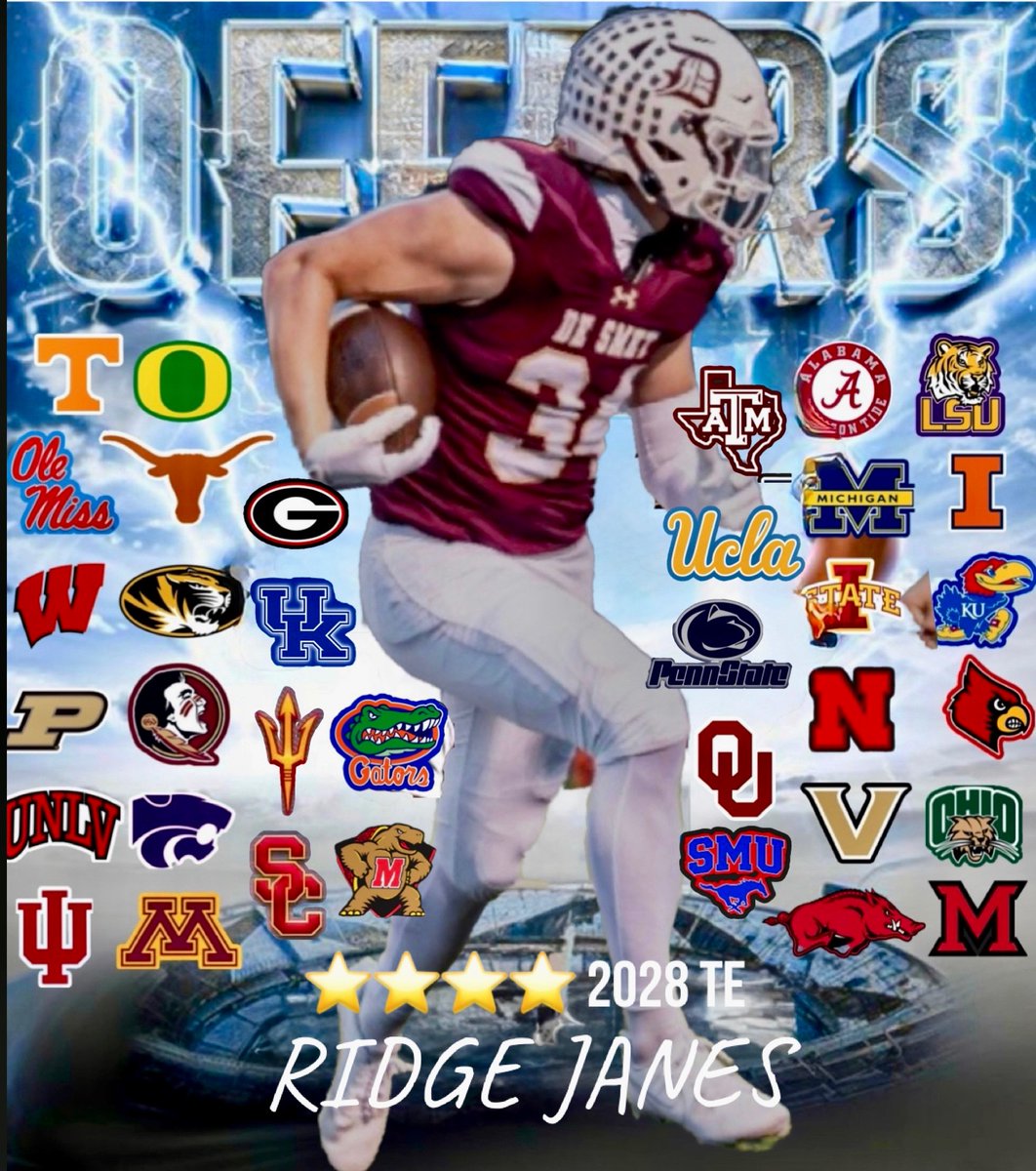 RidgeJanes's tweet photo. Grateful for an amazing Sophomore year. Thanks to my
@DeSmetFB teammates &amp; coaches. Heading into spring  &amp; summer practices; honored to have received these offers! @JHMerrittJr @CoachPoe1914 @JPRockMO
@GSV_STL @mwfbrecruiting @PrepRedzoneMO  @sixstarfootball @MetroSportsSTL https://t.co/qpKum6cA6d