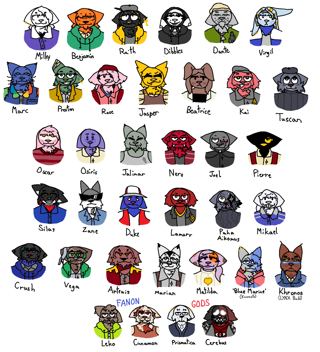 Ulitian Collective - The Roster

Here's everyone! These are all of the characters that you may potentially see in upcoming U.C. comics!
Leko was made by a friend of mine on Discord, and Cinnamon was made by Benny, tho idk if he wants to be tagged in this.

#ulitiancollective