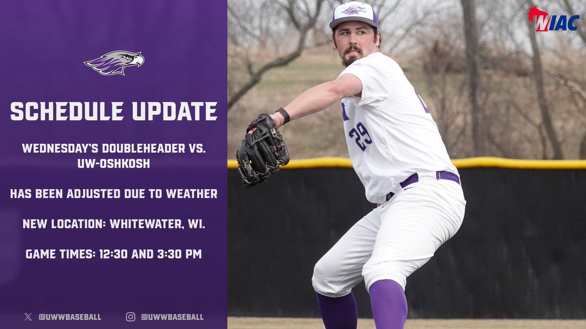 UWWBaseball's tweet photo. SCHEDULE UPDATE - 

Wednesday's Doubleheader Vs. UW-Oshkosh (4/8): 

New Location➡️ Prucha Field at James B. Miller Stadium, Whitewater, WI

Game Times: 12:30 &amp; 3:30 PM

| #PoweredByTradition | #BecomeGreat | #WarhawkBaseball | https://t.co/waFXZwzMfP
