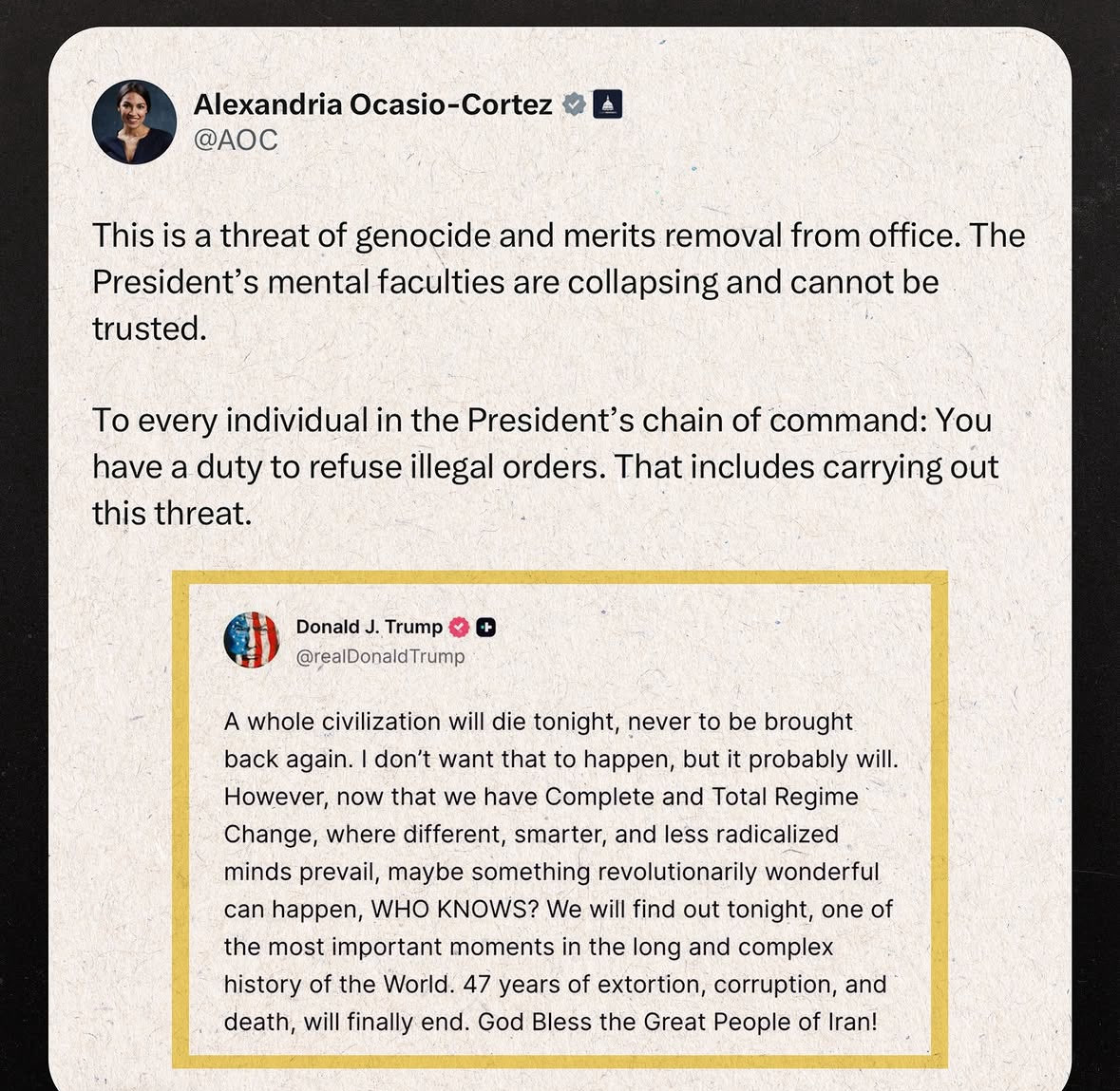 evapradospr's tweet photo. De acuerdo con los congresistas AOC y Sanders de que las acciones de Trump hoy contra Iran deben tener consecuencias legales y políticas ya. Es un crimen estar  amenazando con matanzas masivas y genocidio para lograr sus “objetivos” militares y luego decir que habra “un cese al fuego” por dos semanas para negociar.