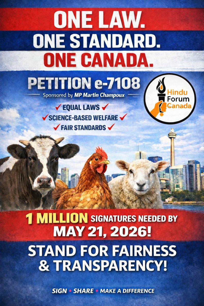 canada_hindu's tweet photo. Petition e-7108 – A Call for Transparency, Equality, and Animal Welfare in Canada

Petition e-7108, introduced by Member of Parliament Mr. Martin Champoux, is gaining national attention as Canadians engage in an important conversation about employment equity, human rights, and animal welfare standards.

We are aiming for at least 1 million signatures before May 21, 2026 — and we invite every Canadian to participate.

Allowing exemptions on religious grounds raises serious ethical and policy questions that deserve open public review and national dialogue.

On January 9, 2026, Hindu Forum Canada, through its legal representative, issued a formal notice to Heath MacDonald, calling for clarity, accountability, and policy consistency.

The issue has already seen strong public engagement, with significant response on social media, including your post on X.

https://t.co/crzcyo9Q2x

Why This Matters
This is not about targeting any community — it is about:
• Fairness in public policy
• Transparency for consumers
• Ethical standards grounded in science

Take Action
If you believe in equal standards, informed choice, and humane practices, now is the time to act.
👉 Sign and share Petition e-7108
Sign Now at : 
https://t.co/macEQ9NyQX

👉Help us reach 1 million signatures before May 21, 2026