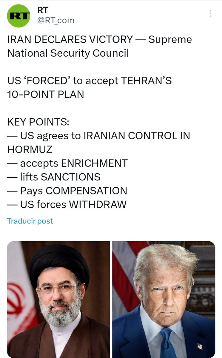 #ULTIMAHORA
🚨 IRÁN DECLARA VICTORIA, mientras Trump se hace chiquoto y acepta los terminos de Irán para el cese al fuego por 2 semanas

✅️ EU acepta el control iraní en Ormuz
✅️  EU quita todas las sanciones
✅️  EU paga una indemnización 
✅️ EU se retira de la región
✅