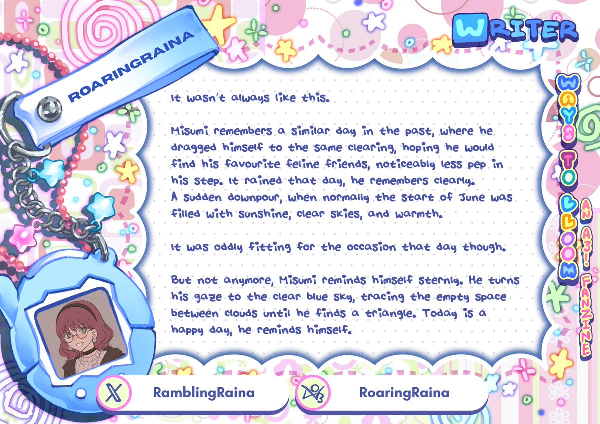 i had the honour and privilege of participating in the <a href="/WaystoBloomZine/">Ways to Bloom: An A3! Zine | Out on Apr 13!</a> !! everyone worked super hard on it so please check the zine out when orders open on april 13th!