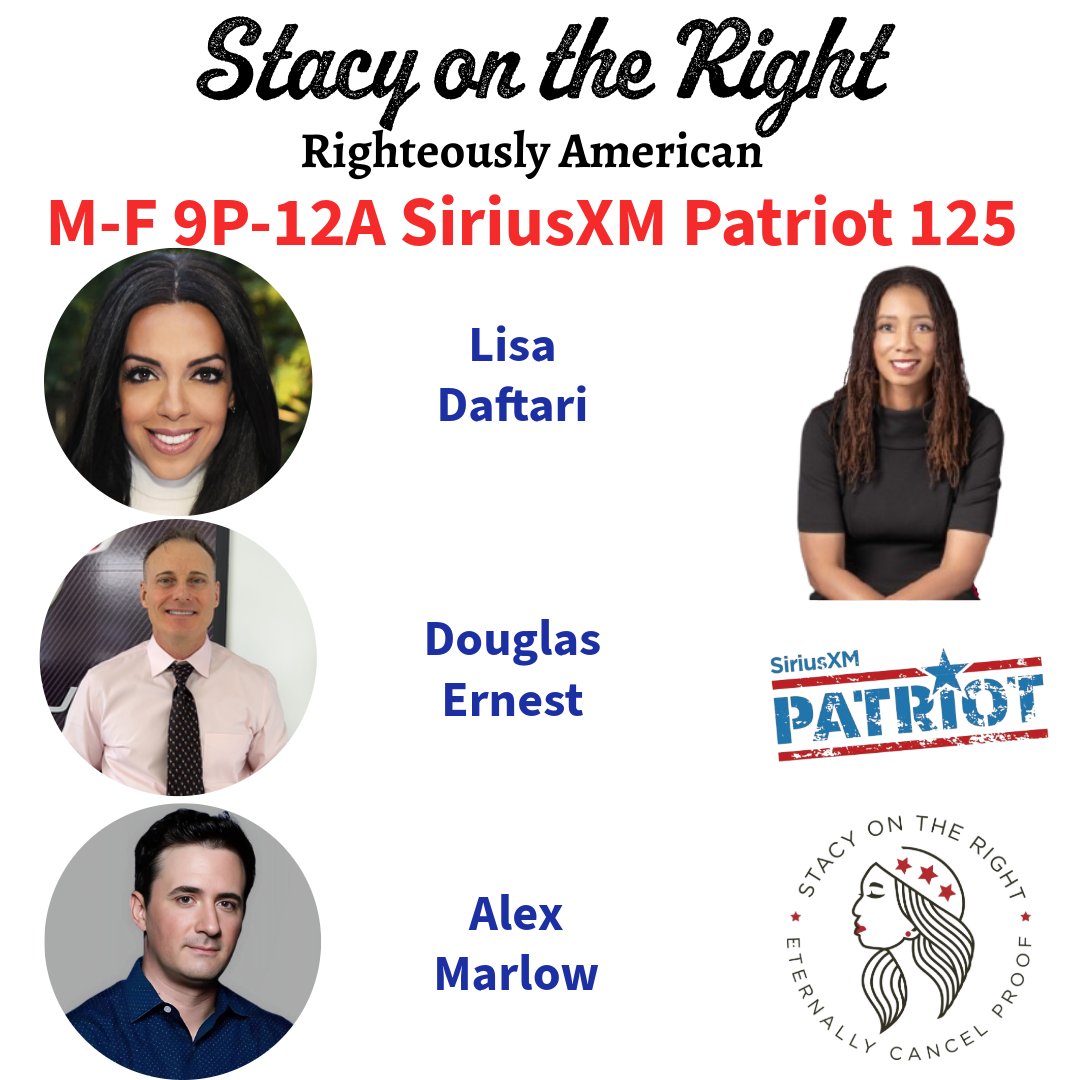 SiriusXMPatriot's tweet image. Tonight On @StacyOnTheRight 9pm-12am ET Tues 4/7

9:20pm @LisaDaftari 

10:05pm @douglasjernest

11:05pm @AlexMarlow 

Tonight's Opening Verse: Psalm 37:27-29
Call In Now: 866-957-2874
sxm.app.link/Patriot sxm.app.link/StacyOnTheRight
#SOTR #RighteouslyAmerican