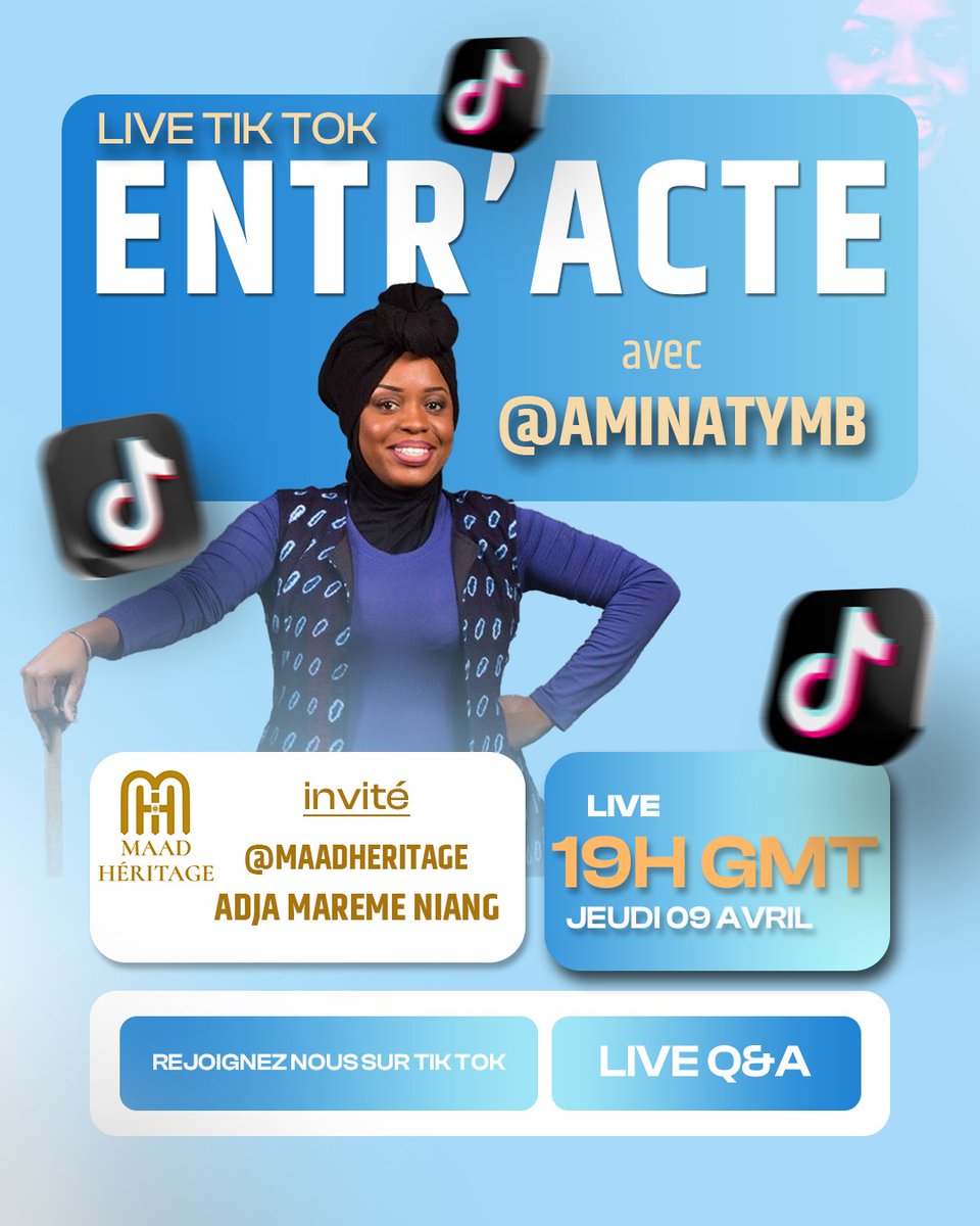 AminatyMFF's tweet image. Après 3ans de Off, Entr' Actes" reprend. Je serai en #Live sur #Tiktok avec @Maad_Heritage by @AdjaMaremeN ce Jeudi 9 Avril à 19h pour parler d'entreprenariat. 
@: aminatymb 😊