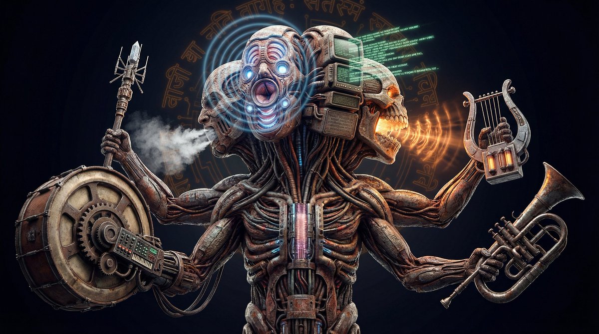 DarkartNao's tweet image. What if Brahma passed through El Greco's hands?

Four faces stack and stretch upward.
Each mouth fires a different output into the storm.

El Greco painted spiritual tension through elongated bodies.
When four outputs reach toward the sky — that becomes myth.

#biomechanical