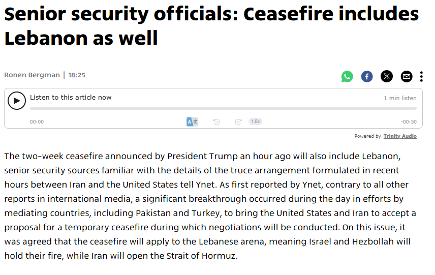 MarioNawfal's tweet photo. 🚨🇱🇧🇮🇱🇮🇷 BREAKING: The ceasefire includes Lebanon. 

Israeli and Hezbollah forces will hold fire during the two-week pause, senior security officials confirm to Ynet. https://t.co/eRu6eKQ7pQ