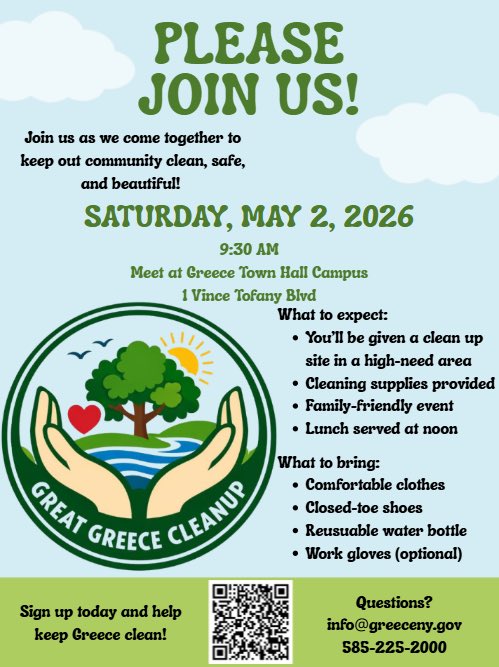 Come join dozens of Greece residents as we help to give the Town of Greece a Spring cleaning! Lunch served at noon!