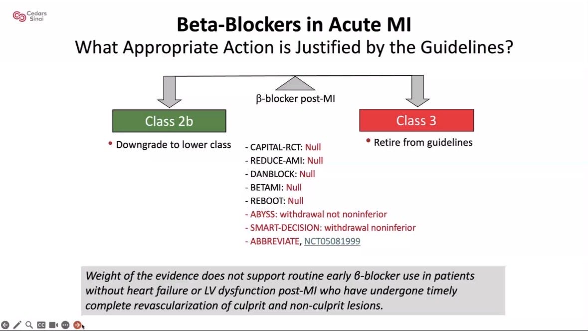 hvanspall's tweet image. Brilliant rounds by @kaulcsmc @CedarsSinai on #CV controversies: valve interventions, antiplatelet therapies, &amp;amp; #betablockers post #MI

Thank you for a masterful synthesis of evidence, along with key takeaways (snapshot👇🏽)

Anyone routinely prescribing BBs post MI with EF &amp;gt; 50%?