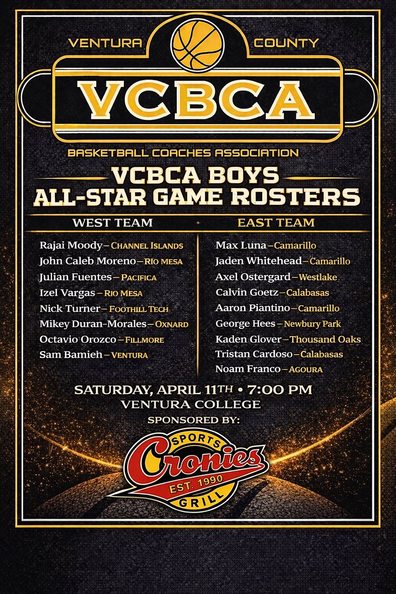 VCBCAofficial's tweet photo. Boys Basketball Ventura County senior All Star game Saturday April 11th 7:00 at Ventura College

@vcspreps @VCSDominic @TheGaragePod @pollonpreps https://t.co/ZBZN7HX9ZT