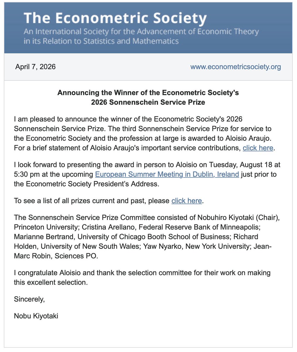 danielgott's tweet photo. Congratulations to my master’s advisor and coauthor, Aloisio Araujo, on winning the Econometric Society’s 2026 Sonnenschein Prize https://t.co/N4aMdncWNI