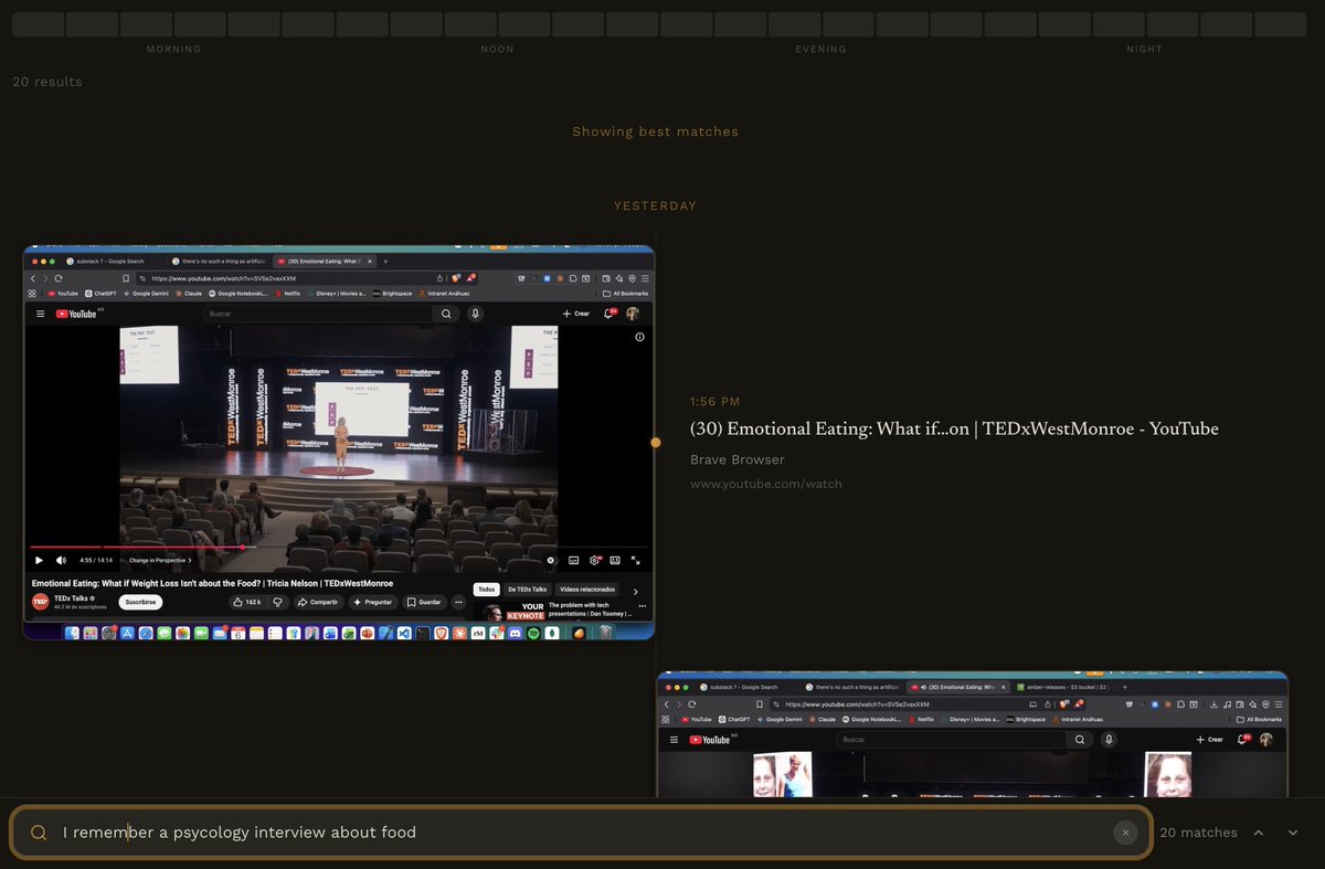 searched my screen history just now with "I remember a psychology interview about food"

found a TEDx talk I watched yesterday at 1:56pm

I didn't save it. I didn't bookmark it. I just... watched it for a few minutes and moved on.

it was still there.