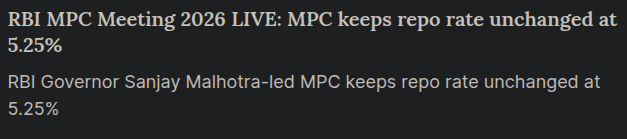 rajrudhvi's tweet image. RBI Governor Sanjay Malhotra-led MPC keeps repo rate unchanged at 5.25%

#NIFTY #RBI #RATECUT